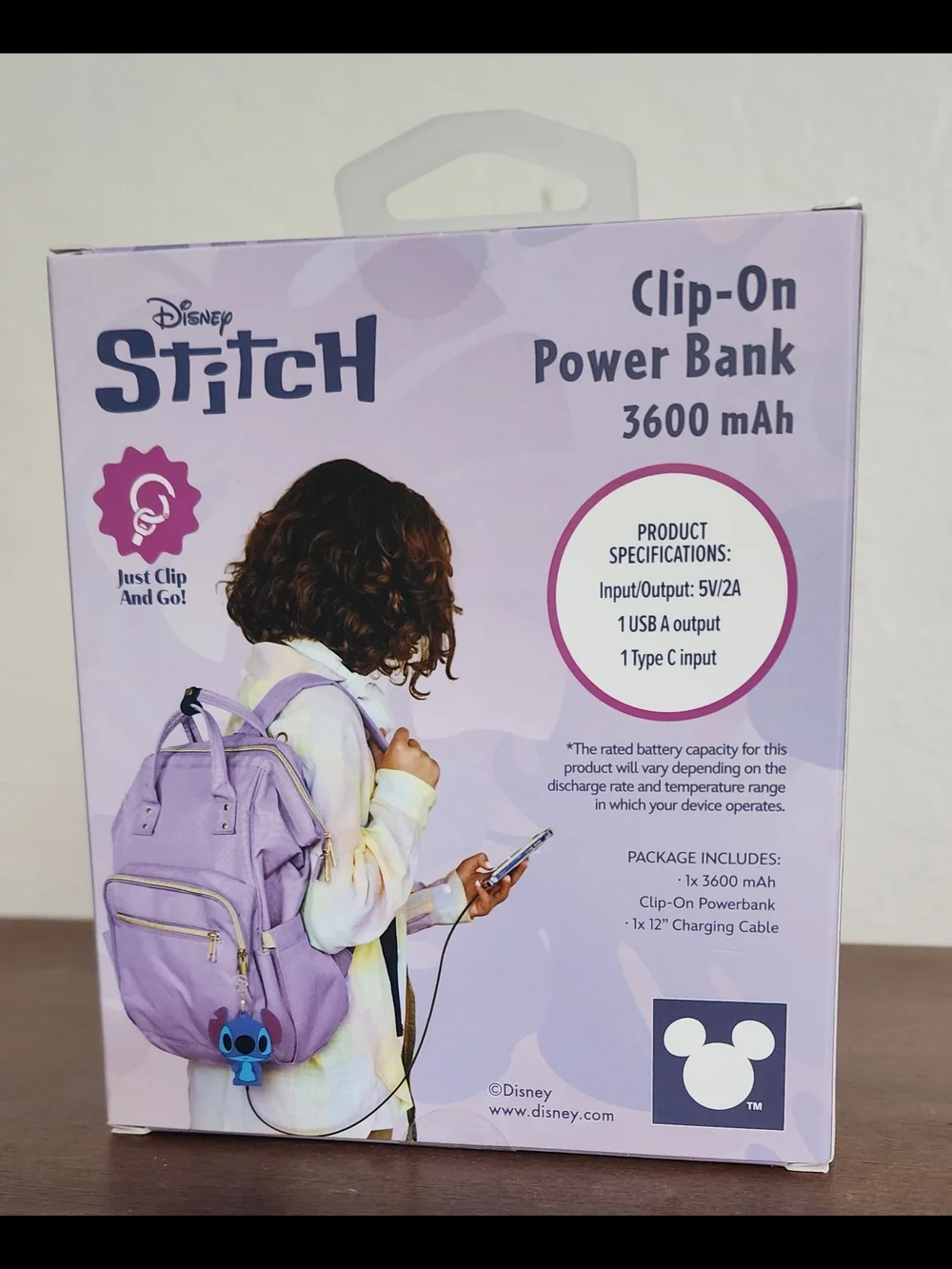 Disney Stitch Clip-On Power Bank - Light Purple with Blue Charm